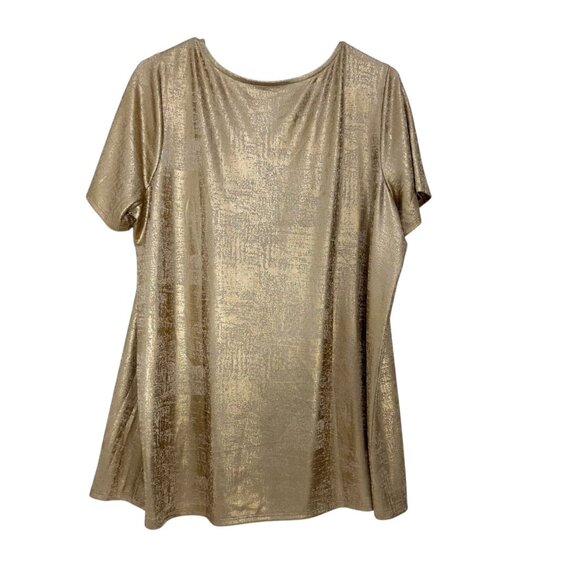 Roamans CHART SZ M(14-16) Gold Metallic Short Sleeve Tunic Top Comfy Stretch - Picture 9 of 10